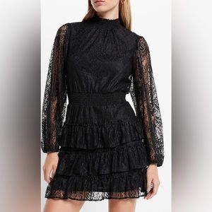 $118 Express 2023 Spring Collection Lace Mock Neck Tiered Ruffle Dress, Small
